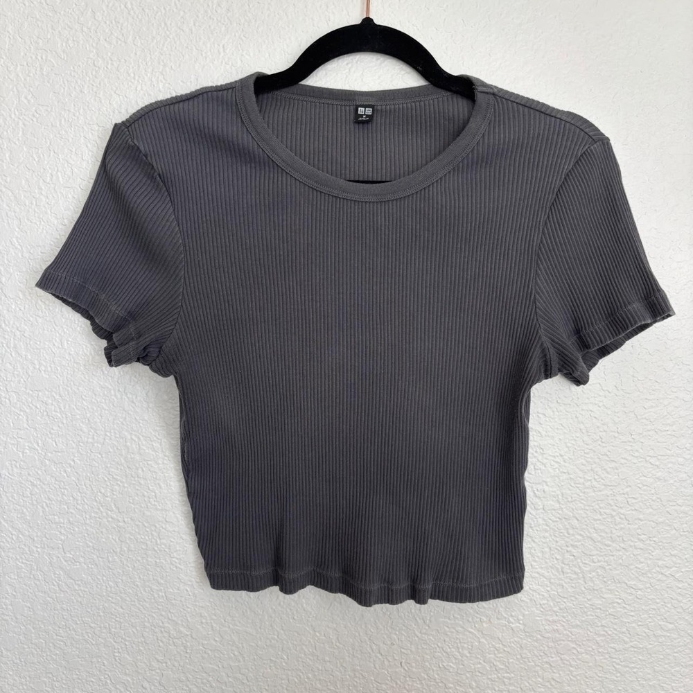 Uniqlo Women Ribbed Crew Neck Short Sleeve Stretch Cotton Gray Tee Top Medium